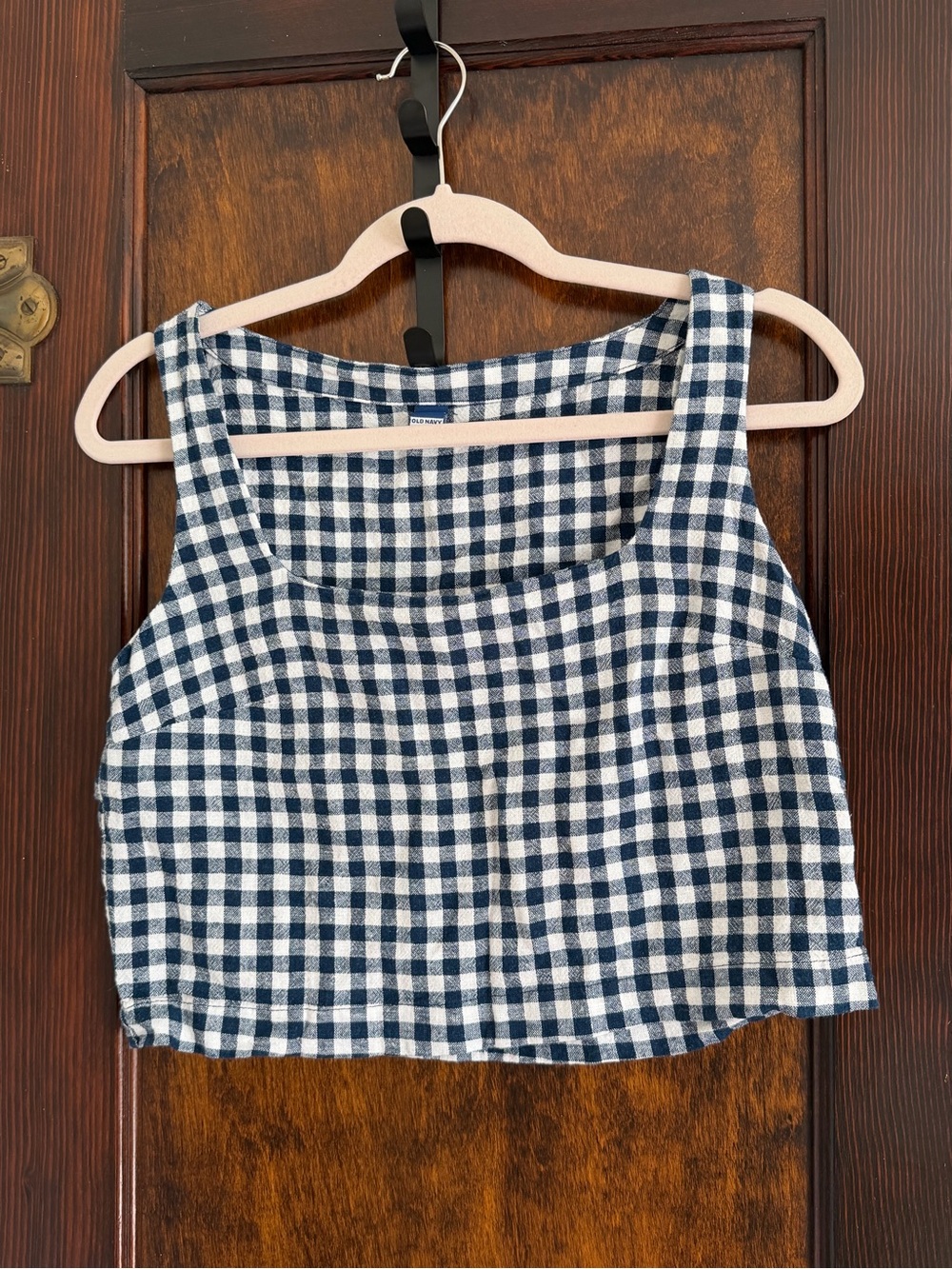 Gingham Square Neck Crop Top - Navy/White